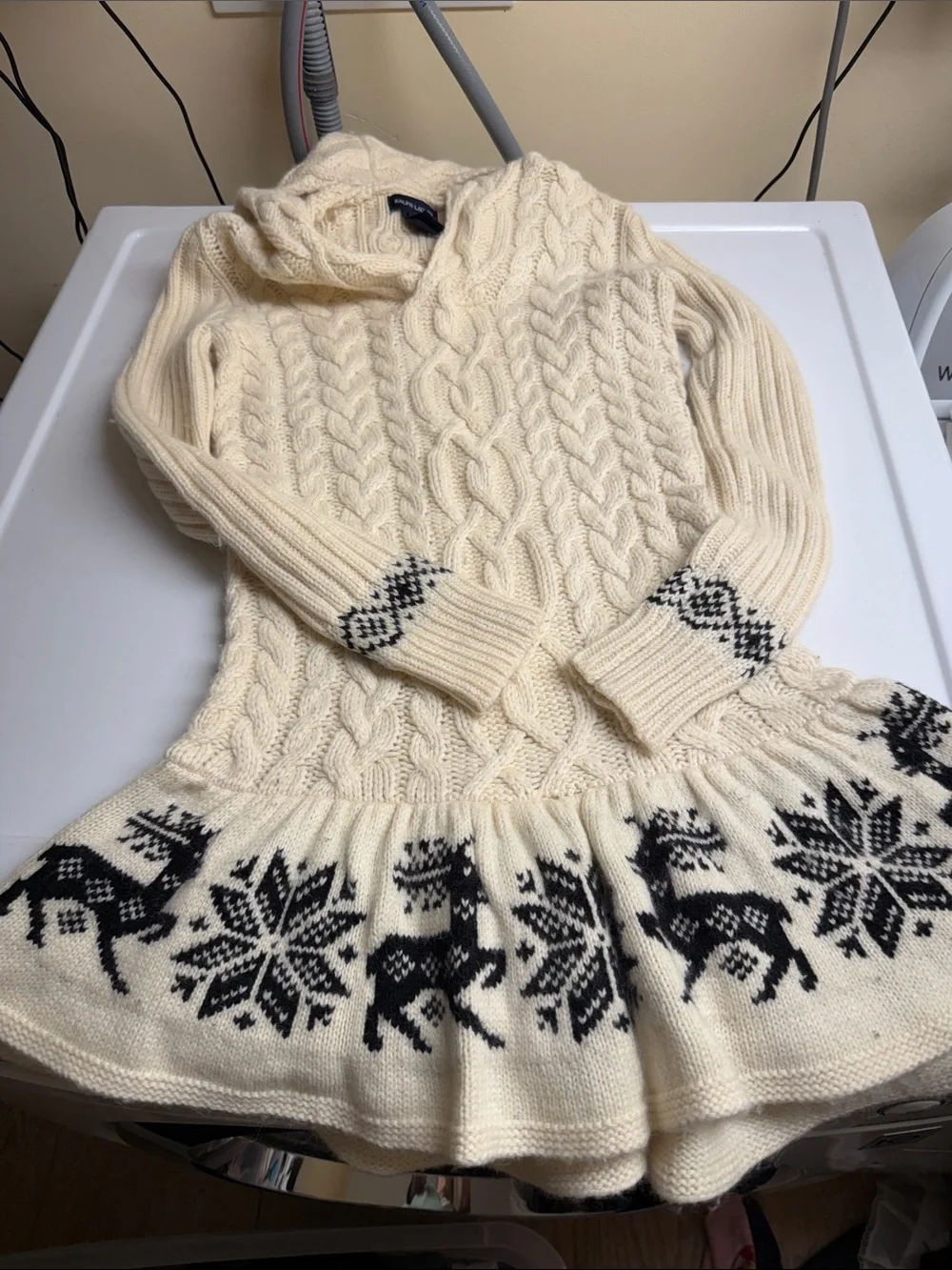 Girls’ Ralph Lauren Cream Cable-Knit Hooded Sweater with Black Fair Isle Trim